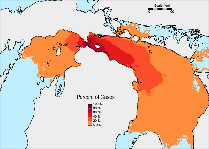 Percent of cases in which oil is present at any time after initial release.