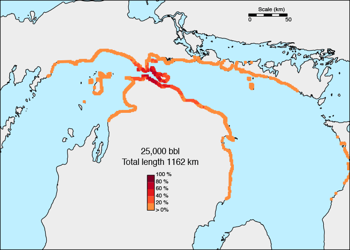 Probability that beached oil concentrations would exceed the threshold needed to trigger shoreline cleanup following the release of 25,000 barrels at the Straits of Mackinac.